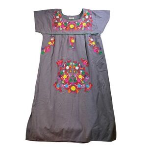 Gray XXL Embroidered Mexican Dress Floral Peasant Hippie Boho Maxi‎